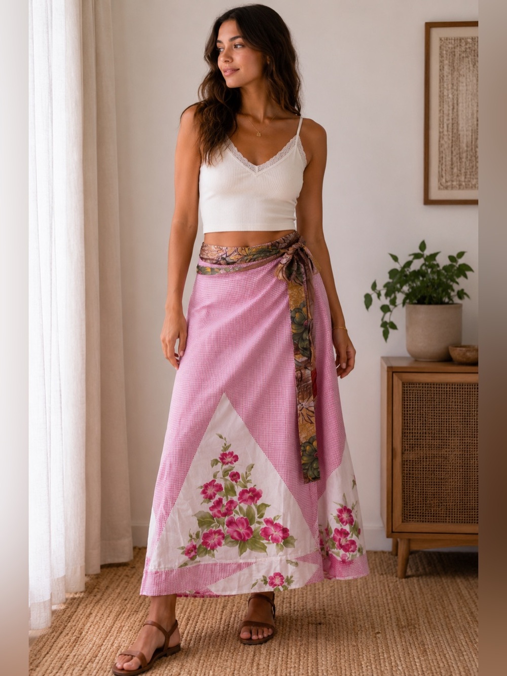 Darn Good Yarn Reversible Sari Silk Pink Floral A-Line Wrap Skirt Size 4-12